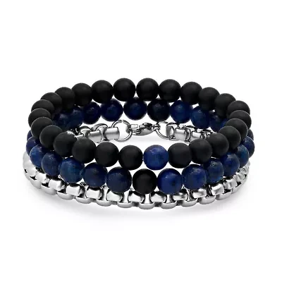 Men's 3pc set black lava, blue lapis and round box link cbracelets