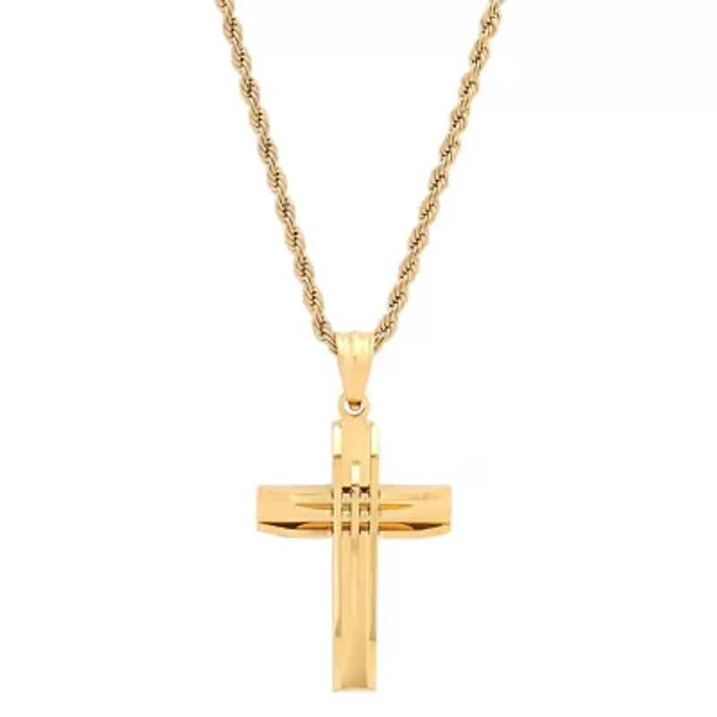 Stainless steel cut accented cross pendant