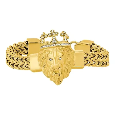 Men's stainless steel double row wheat chain links and simulated diamonds lion head bracelet