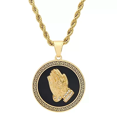 Lab Created Men's 18k gold plated stainless steel and black enamel prayer hands round pendant with greek key accents