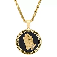Lab Created Men's 18k gold plated stainless steel and black enamel prayer hands round pendant with greek key accents