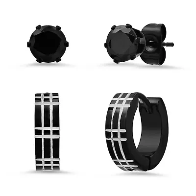 Lab Created Men's two tone stainless steel and black simulated diamonds studs/huggie earrings set