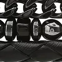 Men's black braided leather, black ip stainless steel figaro chain and hematite/black beaded 3pcs bracelets set