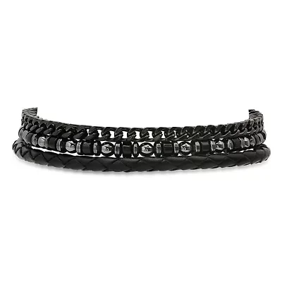 Men's black braided leather, black ip stainless steel figaro chain and hematite/black beaded 3pcs bracelets set