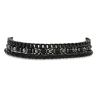 Men's black braided leather, black ip stainless steel figaro chain and hematite/black beaded 3pcs bracelets set