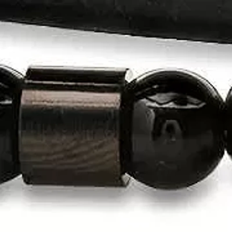 Men's genuine black leather, black ip stainless steel and black beads layered bracelet