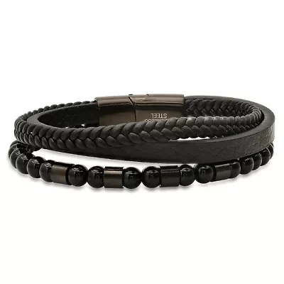 Men's genuine black leather, black ip stainless steel and black beads layered bracelet