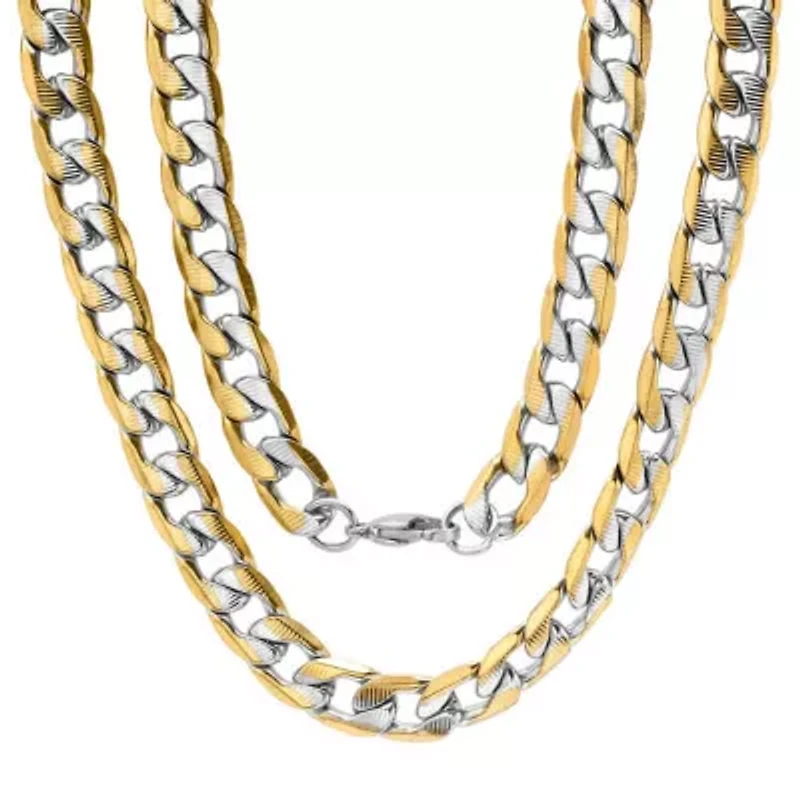 Men's 18k gold plated stainless steel two tone cuban necklace and bracelet set