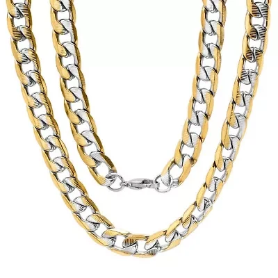 Men's 18k gold plated stainless steel two tone cuban necklace and bracelet set