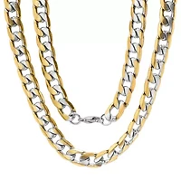 Men's 18k gold plated stainless steel two tone cuban necklace and bracelet set