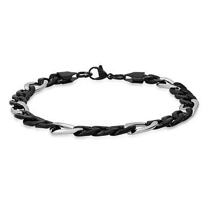 Men's two tone black ip and stainless steel figaro chain bracelet