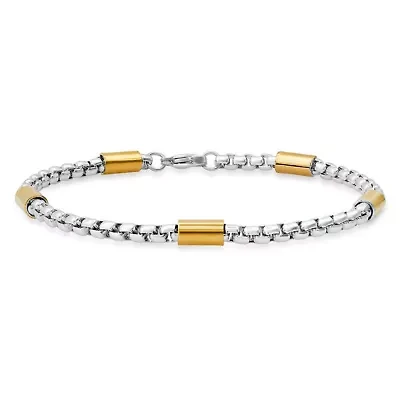 Men's two tone stainless steel and 18k gold plated bar & box chain bracelet