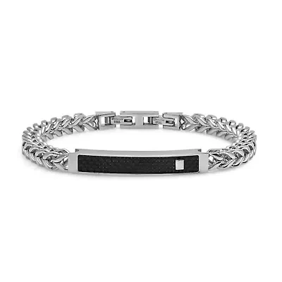 Men's stainless steel box chain link bracelet with black carbon fiber