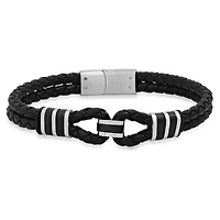 Men's navy blue briaded leather and black ip/stainless steel bracelet