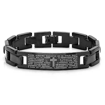 Men's black ip stainless steel padre nuestro prayer link bracelet