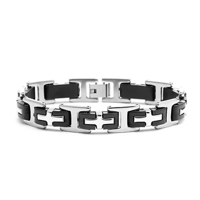 Men's stainless steel link bracelet with black rubber