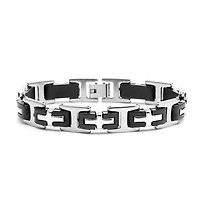 Men's stainless steel link bracelet with black rubber