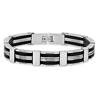 Men's black rubber and stainless steel link bracelet