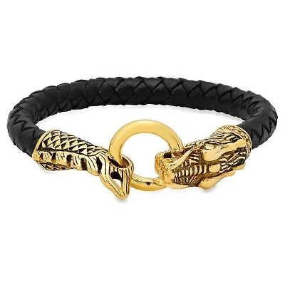 Genuine leather bracelet with 18k gold plated stainless steel dragon design
