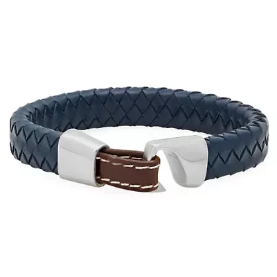 Men's genuine blue leather braided bracelet with stainless steel clasp