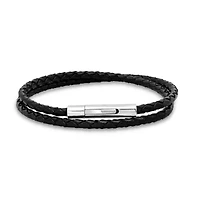 Men's black leather braided wrap bracelet