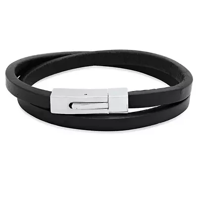 Men's black leather wrap bracelet with stainless steel