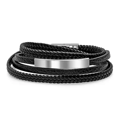 Men's black leather braided and smooth wrap bracelet with stainless steel ID accent