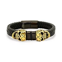 Men's black braided leather bracelet with 18k gold plated and black ip stainless steel skull accents