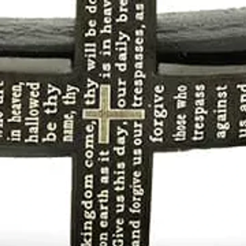 Men's gray leather and black ip stainless steel cross with Our Father prayer bracelet
