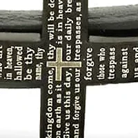 Men's gray leather and black ip stainless steel cross with Our Father prayer bracelet