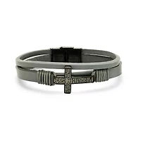 Men's gray leather and black ip stainless steel cross with Our Father prayer bracelet