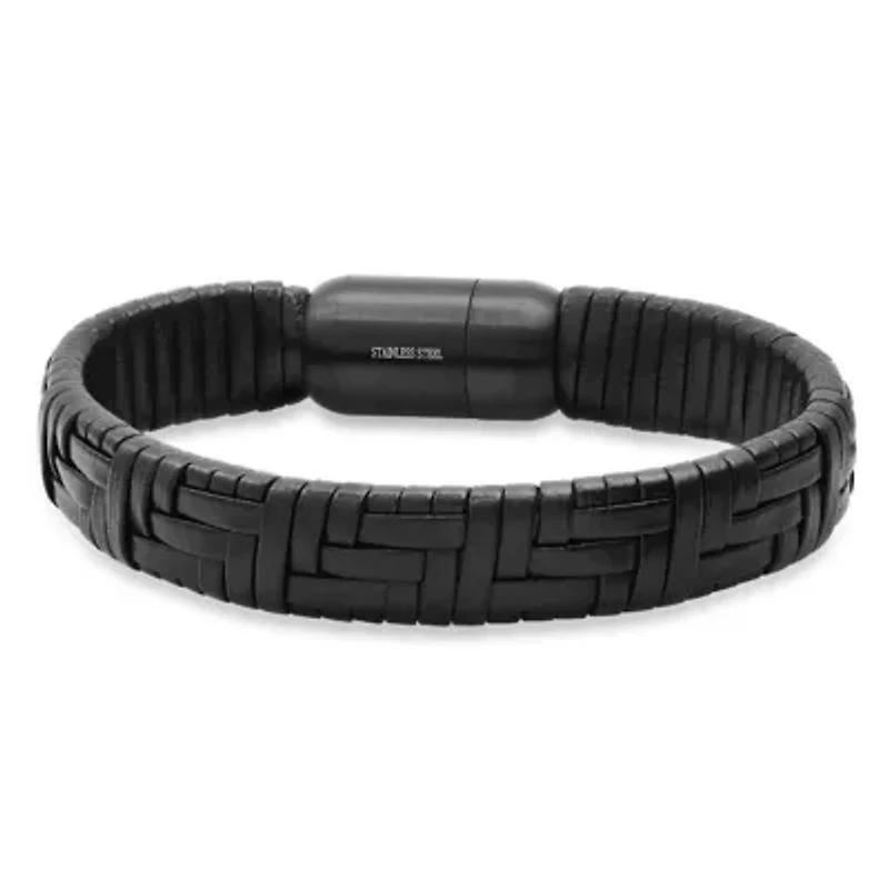 Men's braided leather and black ip stainless steel bracelet