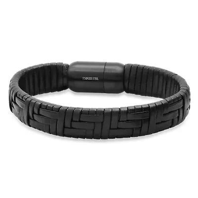 Men's braided leather and black ip stainless steel bracelet