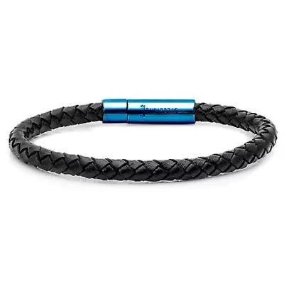 Men's black braided leather and blue ip stainless steel bracelet