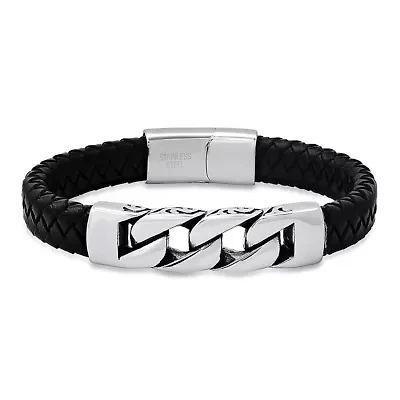 Men's black braided leather and stainless steel bracelet