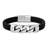 Men's black braided leather and stainless steel bracelet