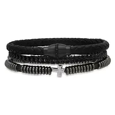 Lab Created Men's black braided leather, black ip stainless steel, simulated black diamonds, hematite and black lava beads 3pc bracelets set
