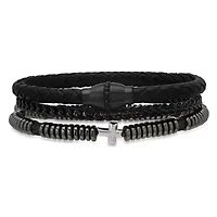Lab Created Men's black braided leather, black ip stainless steel, simulated black diamonds, hematite and black lava beads 3pc bracelets set