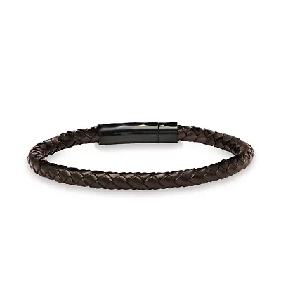 Men's brown braided leather and black ip stainless steel magnetic clasp