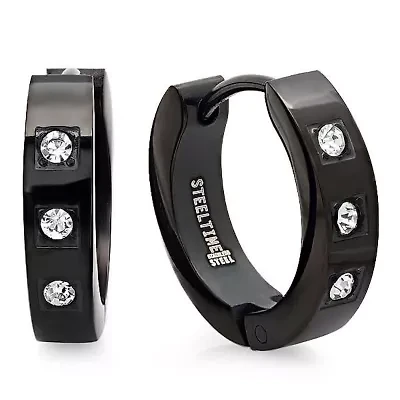 Lab Created Stainless steel huggie earrings black onyx plated with simulated diamonds
