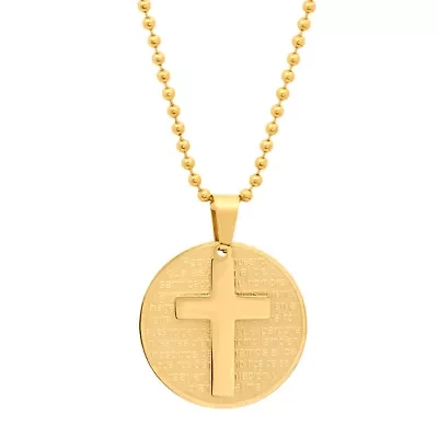 18k gold plated stainless steel round padre nuestro prayer pendant with cross