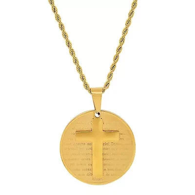 Men's 18k gold plated stainless steel round portuguese prayer and cross pendant