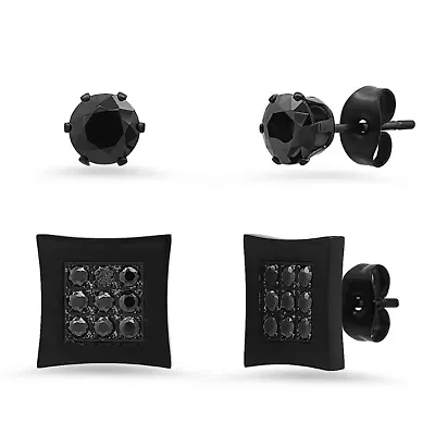 Lab Created Unisex black ip stainless steel and black simulated diamonds square and round stud earrings set