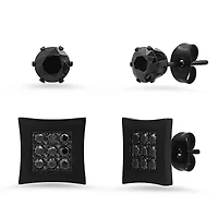 Lab Created Unisex black ip stainless steel and black simulated diamonds square and round stud earrings set