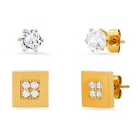 Lab Created Unisex 18k gold plated stainless steel and simulated diamonds square and round stud earrings set