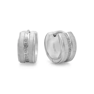 stainless steel huggie with greek key and stainless steel accent