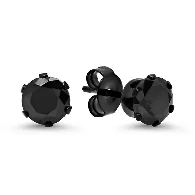 Lab Created Black ip stainless steel round stud earrings with black simulated diamonds