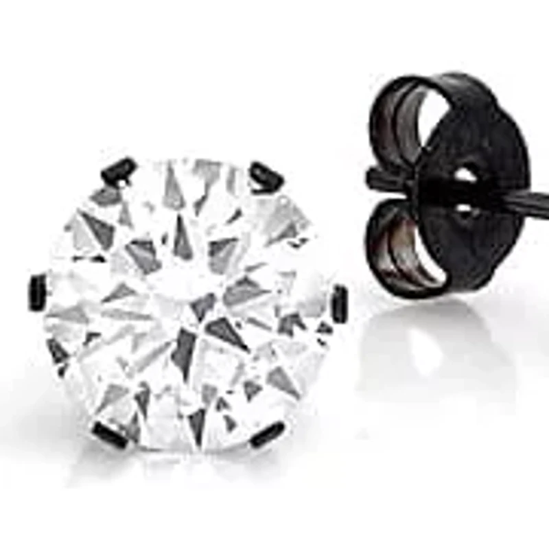 Lab Created Stainless steel round stud earrings with simulated diamonds and onyx plated back