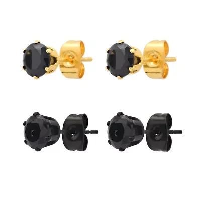 Lab Created Unisex 2pc set black ip/18k gold plated stainless steel black simulated black diamonds stud earrings