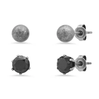 Men's 2pc set oxidized stainless steel ball and black simulated black diamonds stud earrings